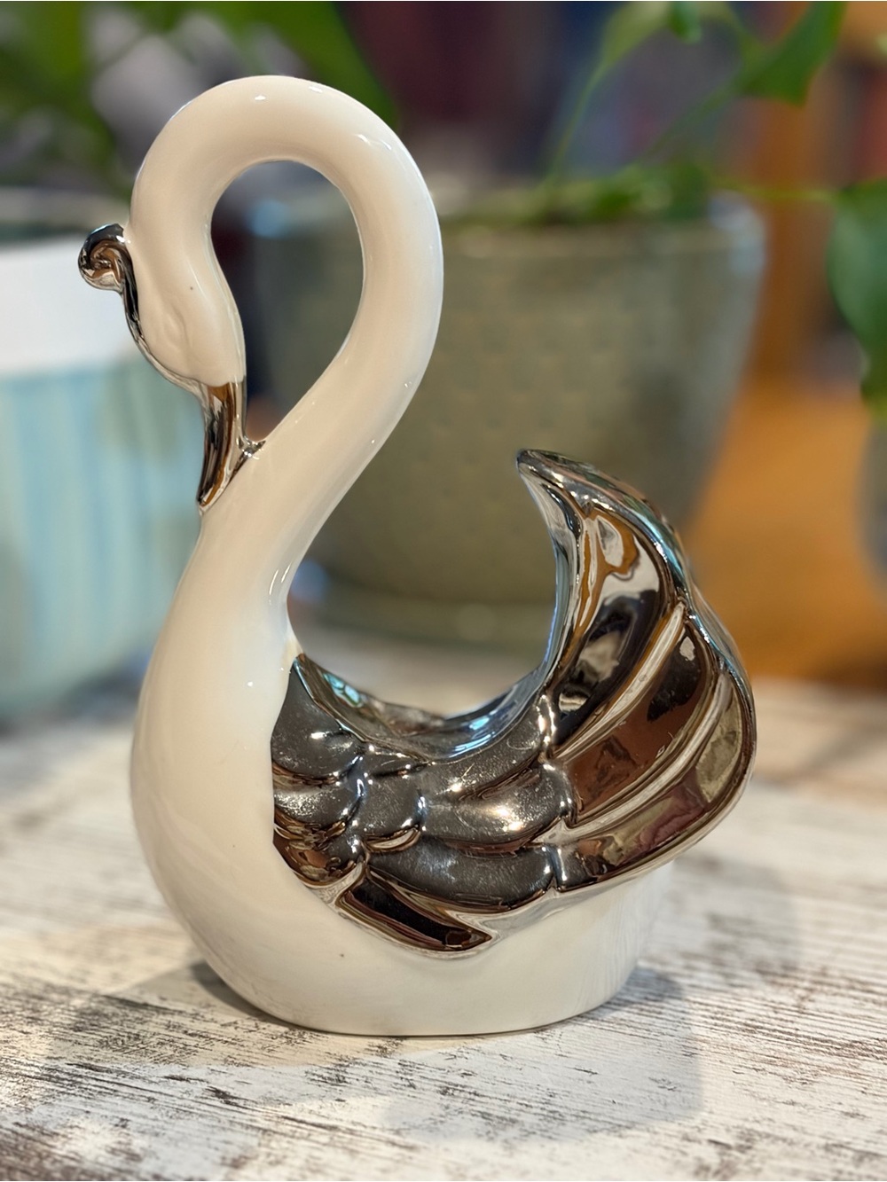 Decorative White and Silver Swan Sculpture - Home Art